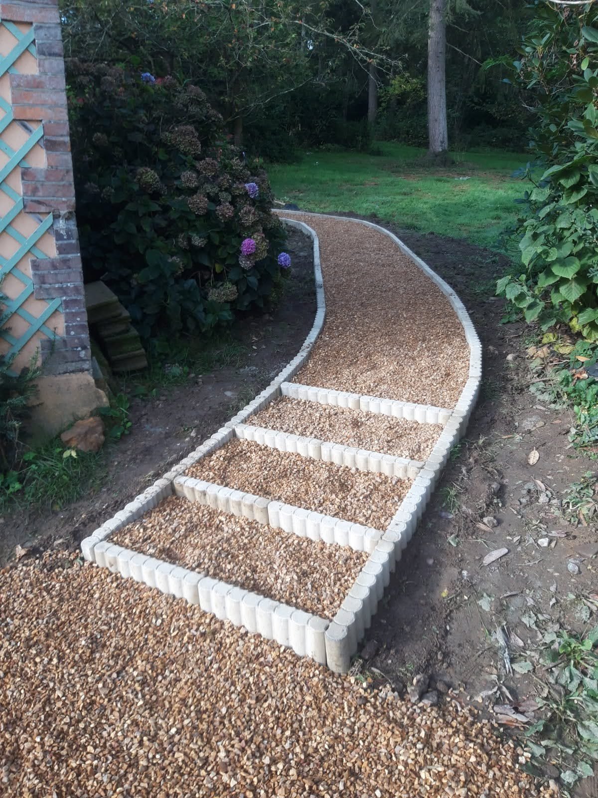 Allée de jardin en gravier avec marches